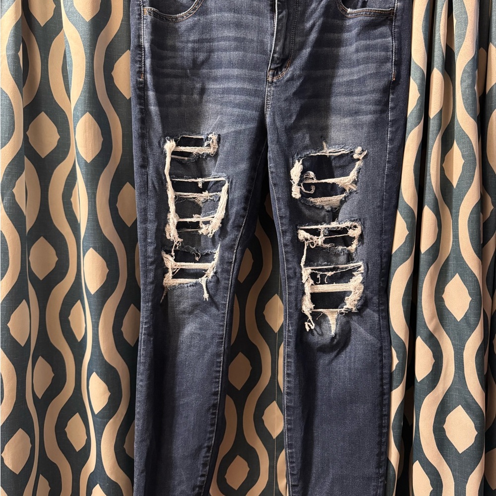 American Eagle Outfitters Blue Skinny Jeans with Distressed Details